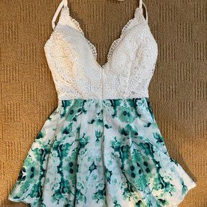 White Fox Boutique Playsuit Green Floral Bottom Lace Top